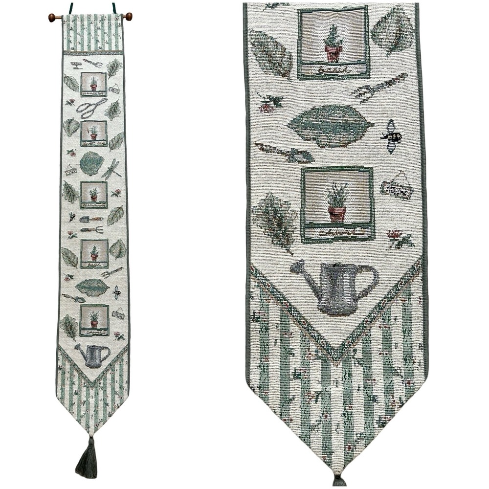 Vintage Tapestry Wall Hanging Garden Herbs Botanical Green Woven Tassel Cottage